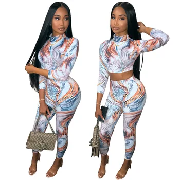 

Suit-dress Fashion Sexy Printing Flower Long Sleeve Trousers Twinset Pants Suit Woman