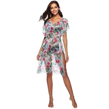 V-neck tie-up beach blouse dress summer loose knee dresses shredded flower loose sexy leg open styleish fashion cover ups V-neck tie-up beach blouse dress summer loose knee dresses shredded flower loose sexy leg open styleish fashion cover ups