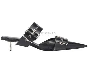 

2019 Sandalias Mujer Black White Mules Buckle Strap Kitten Heels Pointed Toe Casual Shoes Belt Leather Slippers Runway Sandals