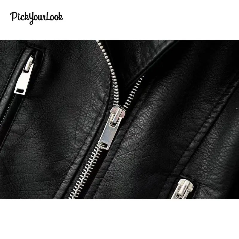 PickYourLook Women PU Jackets Slim Fit Motorcycle Jacket Cool Hip Hop Punk Style Short Outwear Clothes Zipper Pockets Jackets