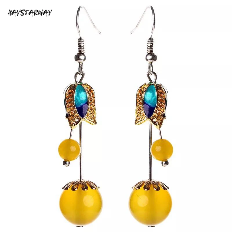 

HayStarWay Ethnic Chinoiserie Flower Drop Earrings Women Girl Jewelry Stars Yellow Queen of Swing Court Hand Ear Thread Original