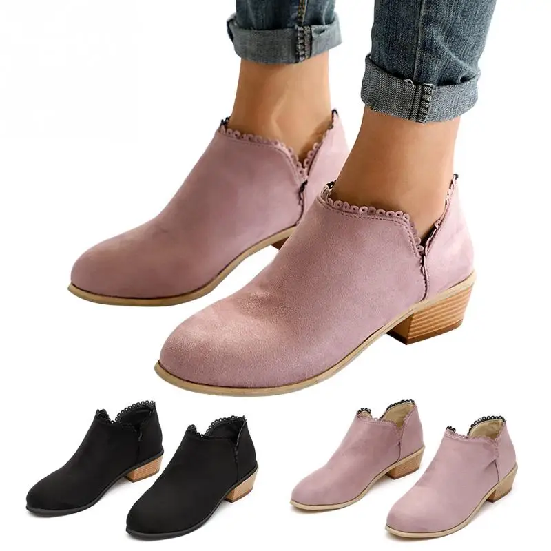 

Autumn Flock Ankle Boots for Women Pointed Toe Low Chunky Heels Ankle Booties Botas Mujer Elegant Design Ladies Shoes Black Pink