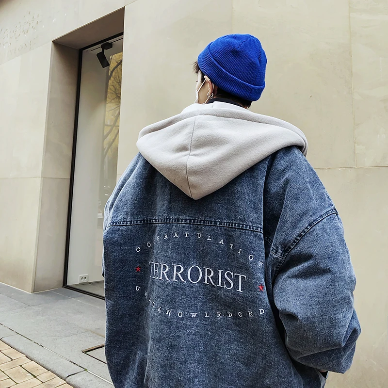 Brodé Hommes Denim 2xl Lettre Splice rembourré À Hit Manteau Veste Black Cowboy Capuchon Parka Couleur Coton blue Vêtements 2018 Neige Hiver M Lâche 8OZPnkN0wX