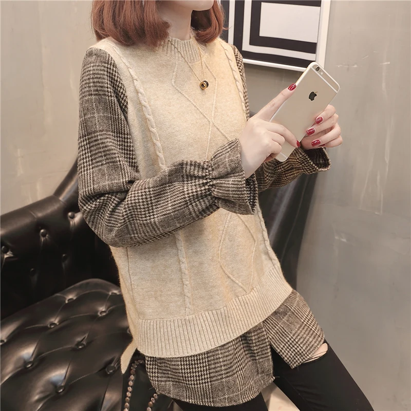

XUXI Women Autumn Plaid Trumpet Sleeve Sweater And Girl Jumpers Crewneck Pullover Twist 2019 Feminino Knitted FZ163