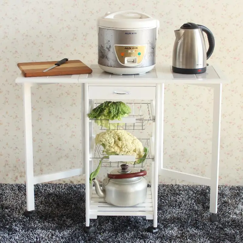 

Portable Folding Kitchen Rolling Tile Top Drop Leaf Storage Trolley Cart White Multifunction Folding Dining Table Storage Box