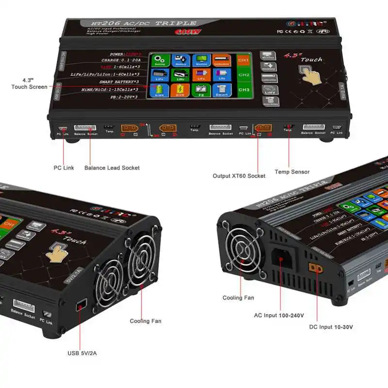 Высокая мощность HTRC HT206 TRI AC/DC 3X200 Вт 3X20A 4 3 дюймов ЖК дисплей сенсорный экран баланс