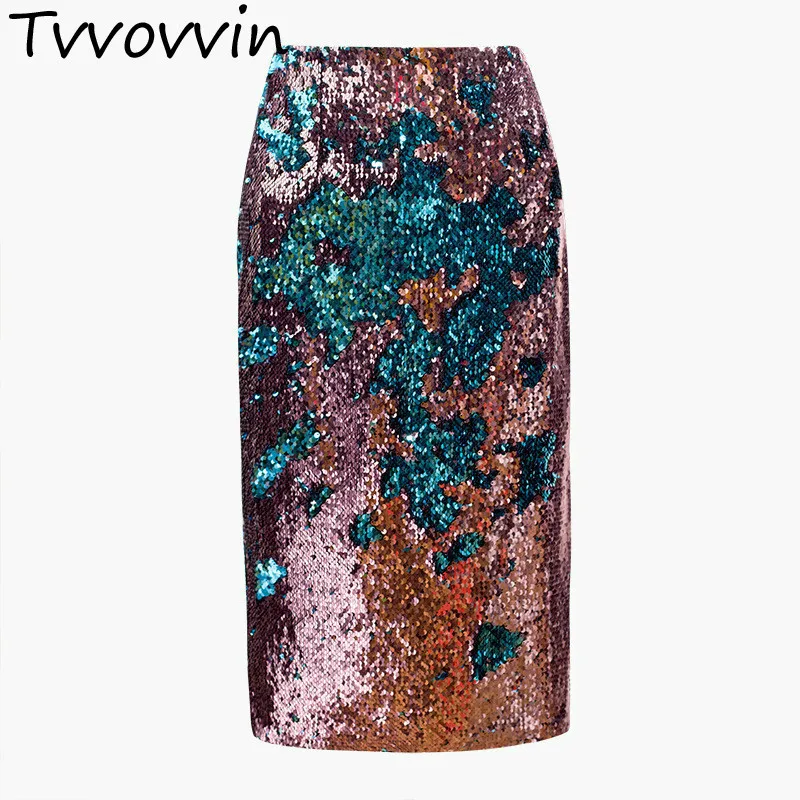 

TVVOVVIN [] 2019 New Summer Women Package Hip Split Patchwork Tide Double Color Sequins Spliced Mid Long Section Skirt Q228