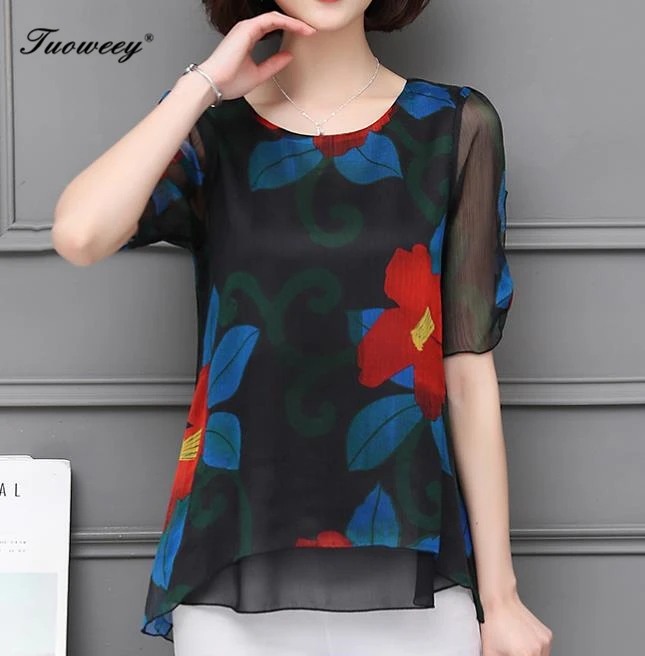 

Spring 2019 Summer red OFFice New female chiffon short sleeve female Plus size M-5XL medium long shirt print women tops blusa