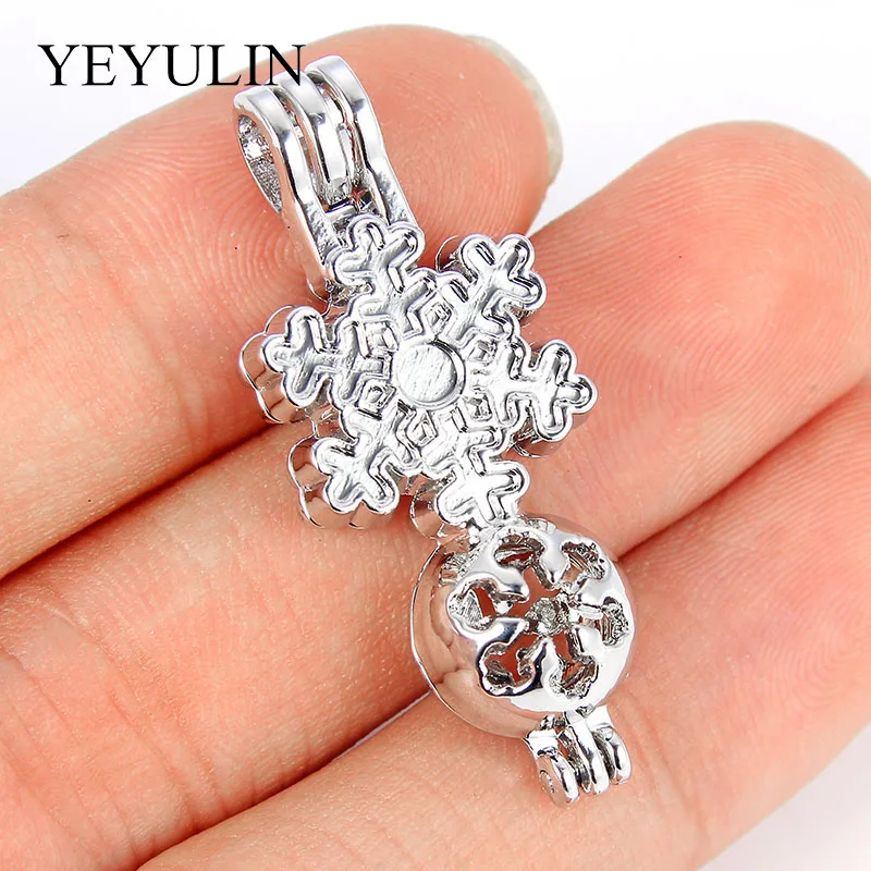 

5 Pcs Silver Plated Snowflake Alloy Locket Pearl Cage Pendant For Making Dangle Necklace Bracelets DIY Jewelry Findings