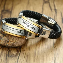 Браслет для пары плетеный кожаный браслет для мужчин женщин из нержавеющей стали король королева для нее его Braslet ювелирные украшения для влюбленных