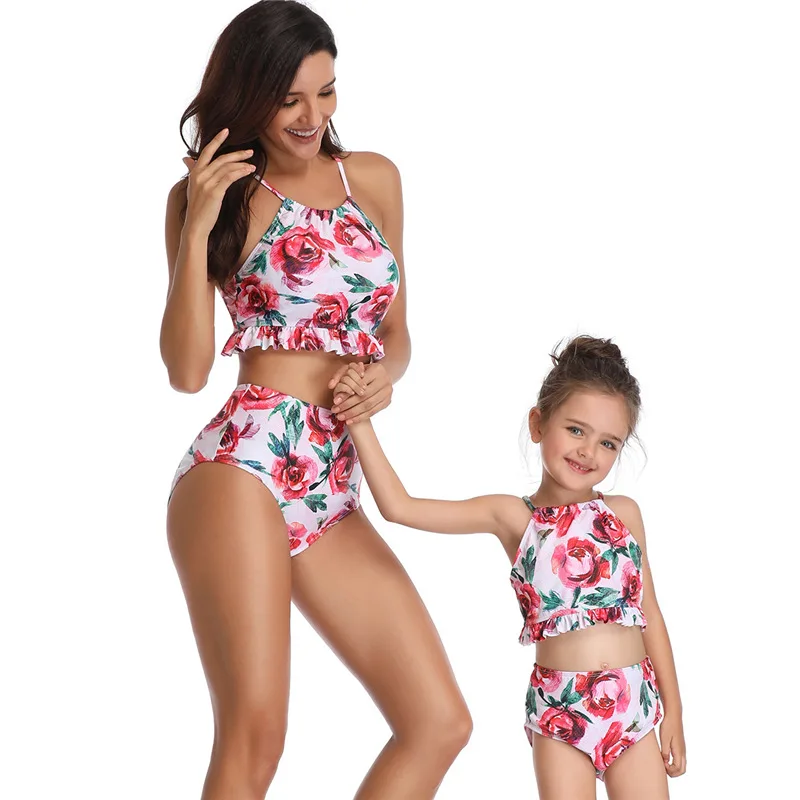 

Mother Daughter Swimsuits 2019 Family Matching Floral Print Swimwear Sets Mom And Daughter Beach Sexy Bikini Clothes Holiday