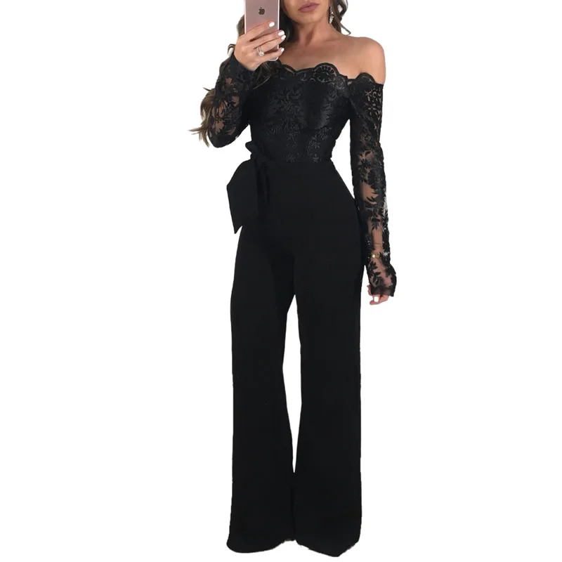 2018 Lace Women'S Off Shoulder Jumpsuit Casual Slimming Trousers Fashionable High Wrist Combinaison Wide Long Leg Pants