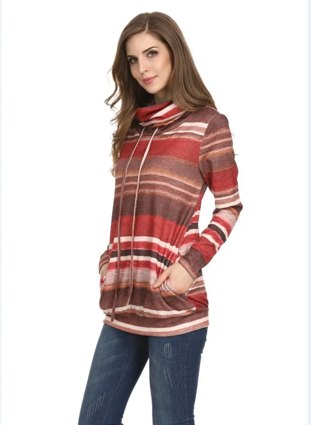 Real Shot 2019 Europe and America Autumn and Winter Pile Pile Collar Striped Casual Long-sleeved Shirt