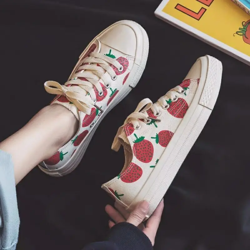 

Women Vulcanized Sneakers Breathable Flat Casual White Shoes Canvas Shoes Strawberry White Tenis Feminino Zapatos De Mujer S0997