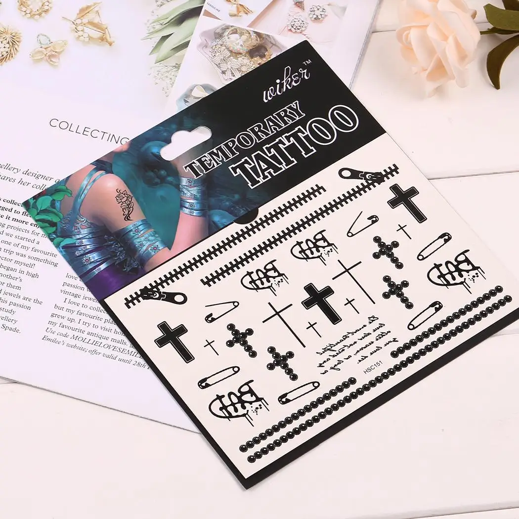 

Waterproof Tattoo Stickers Black Body Zipper Cross Safe and non-toxic. Letter Sheet Temporary Stickers