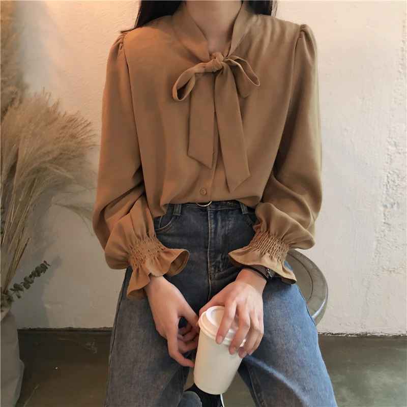 

Lychee Girls Vintage Bow Blouse Shirts Long Sleeve Solid Color Blouses Spring Autumn Casual Cute Female Shirts