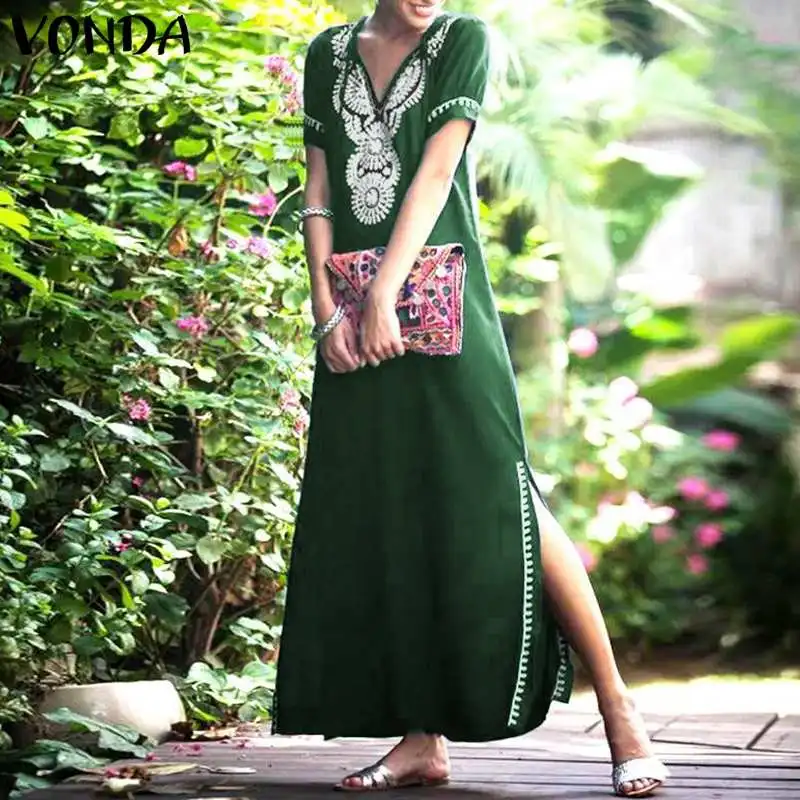 

Plus Size Women Printed Dress 2019 VONDA Summer Sexy V Neck Short Sleeve Split Hem Long Maxi Dresses Casual Vestidos