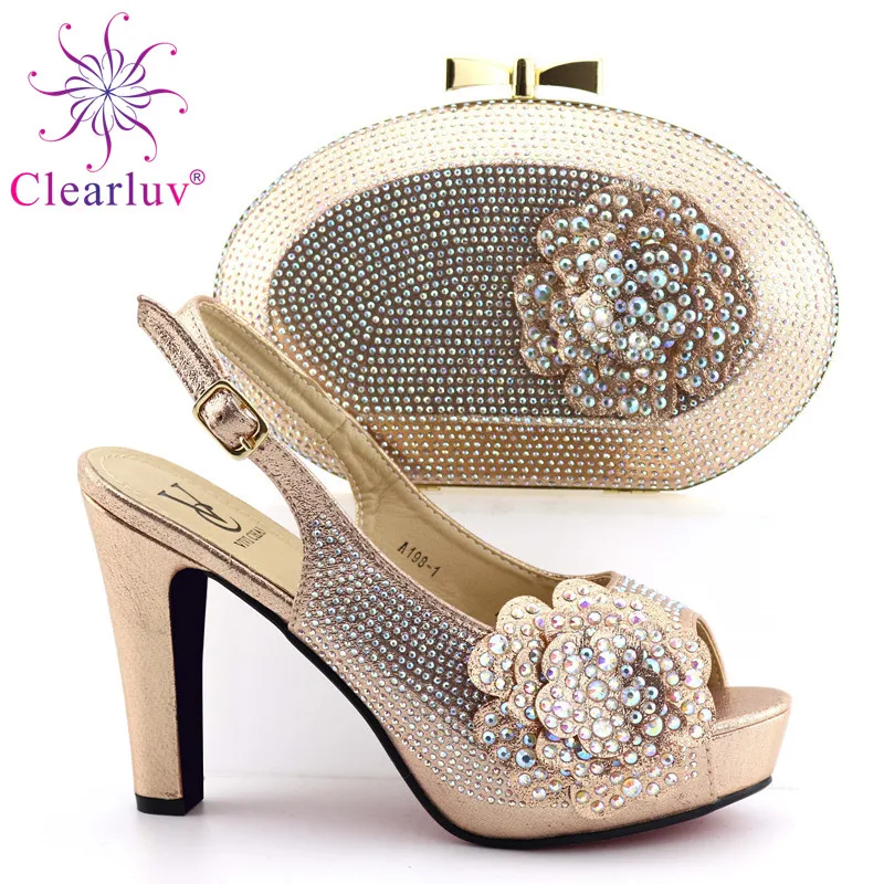 

Champagne Italian Shoes with Matching Bags Set Decorated with Rhinestone Nigerian Shoes and Matching Bags African Shoes and Bag