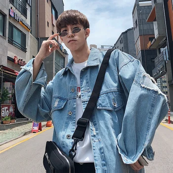 

2019 Men's Fashion Streetwear Bomber Denim Jacket Black/blue Outerwear Lapel Collar Cowboy Coats Loose Windbreaker Size M-2XL