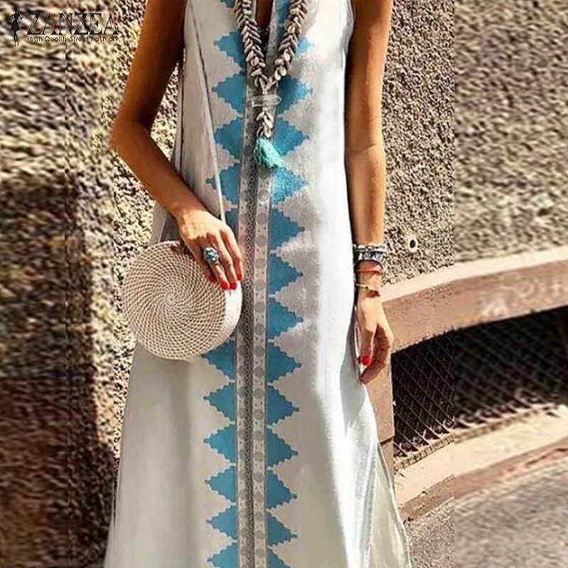 

2019 Summer ZENZEA Women Floral Print Bohemian Dress Ladies Vintage Split Long Maxi Dresses Sleeveless Sundress Party Vestidos