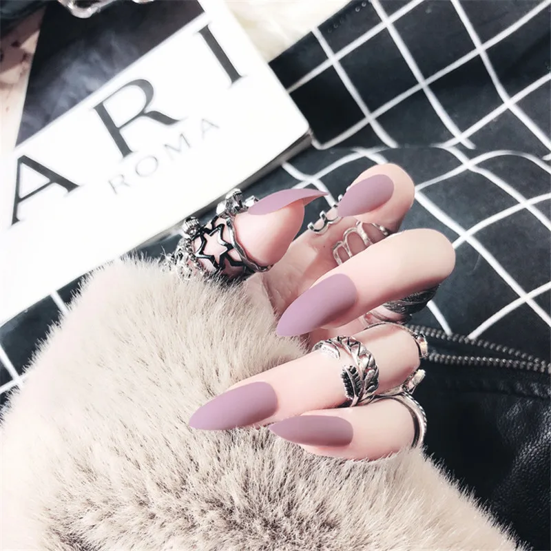 

Rakado Dusty Cedar Fashion Stiletto False Nails Pointed Sharp Candy Fake Nails Daily Wear Trees 24pcs Matte Full Cover Pure Nude