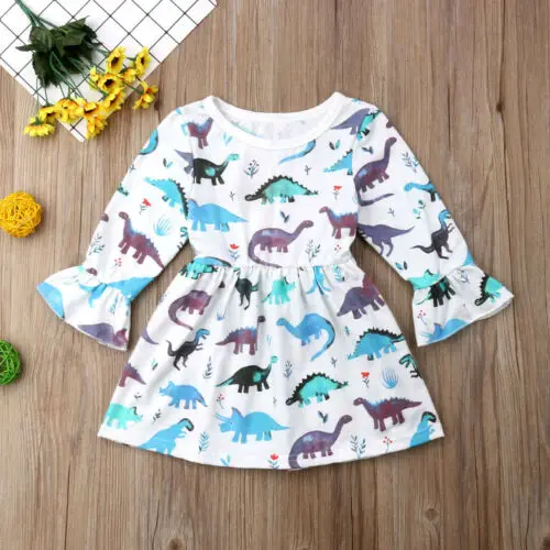 

Toddler Kids Baby Girls Long Sleeve Dresses Dinosaur Cotton Pageant Party Dress