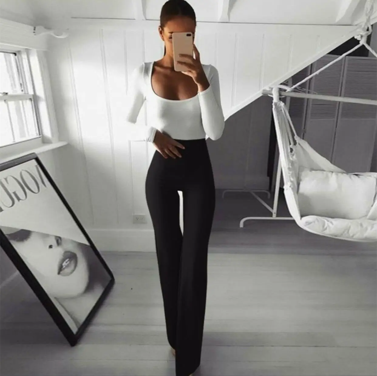 

Brand Hot Sellings Women Plain Solid Palazzo Wide Leg High Waist Flared Trousers Long Skinny OL Work Pants Straight Soft Pants