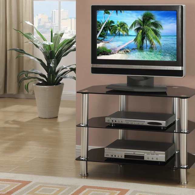 Metal & Glass TV Stand, With 3 Shelves, Black & SilverTV Stands