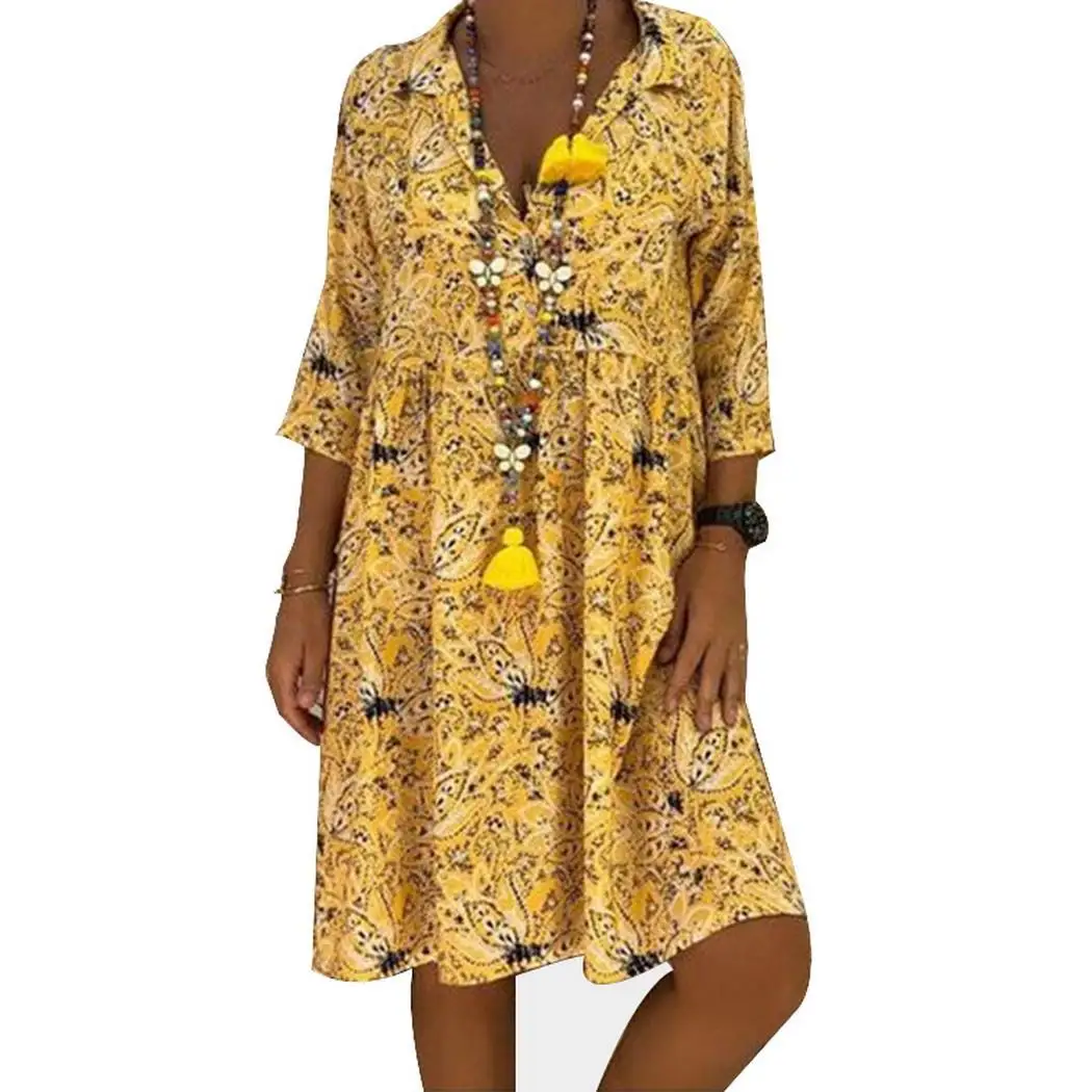 

Women Casual 3/4 Sleeve Deep V-neck Floral Knee Length Pullover Autumn,Spring,Summer Loose Dress