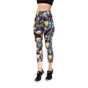 

2018 Spring Summer Tropical Palm Leaf Floral Yellow Skull Print Cropped Capris Legging Yoga Shorts Pants Mesh Patches