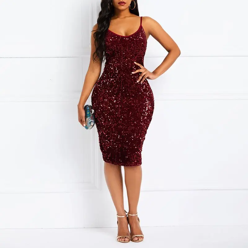 

Evening Party Club Wear Date Women Burgundy Red Short Bodycon Slim Dress Host Plus Size Sequin Deep V Backless Skinny Dresses
