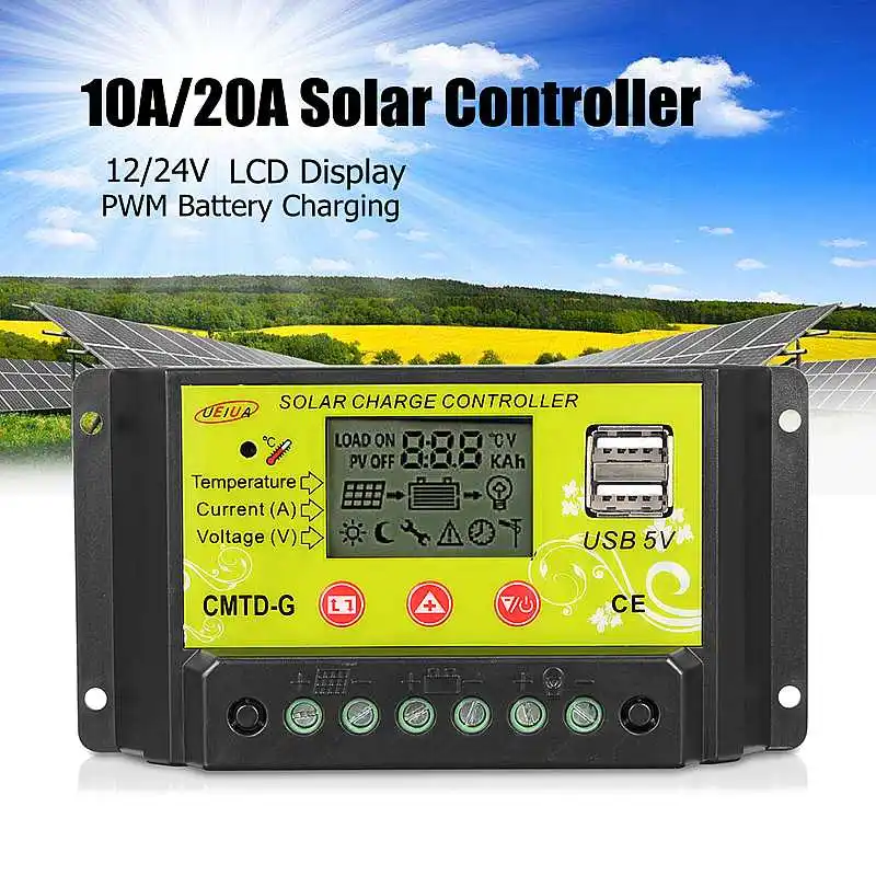 

10A/20A PWM Solar Charge Controller Dual USB LCD Display 12V 24V Auto Solar Panel Charger Regulator with Load