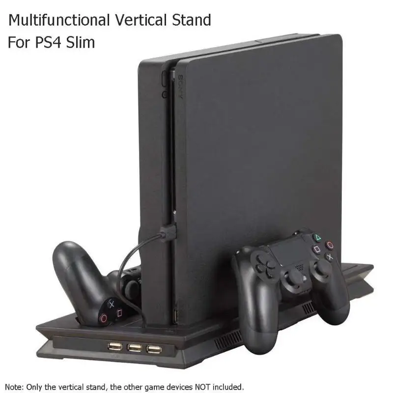 

for Sony PlayStation 4 Slim Vertical Stand Dock Mount Game Console Support Base Holder Dual Charging Ports with Dual Cooling Fan