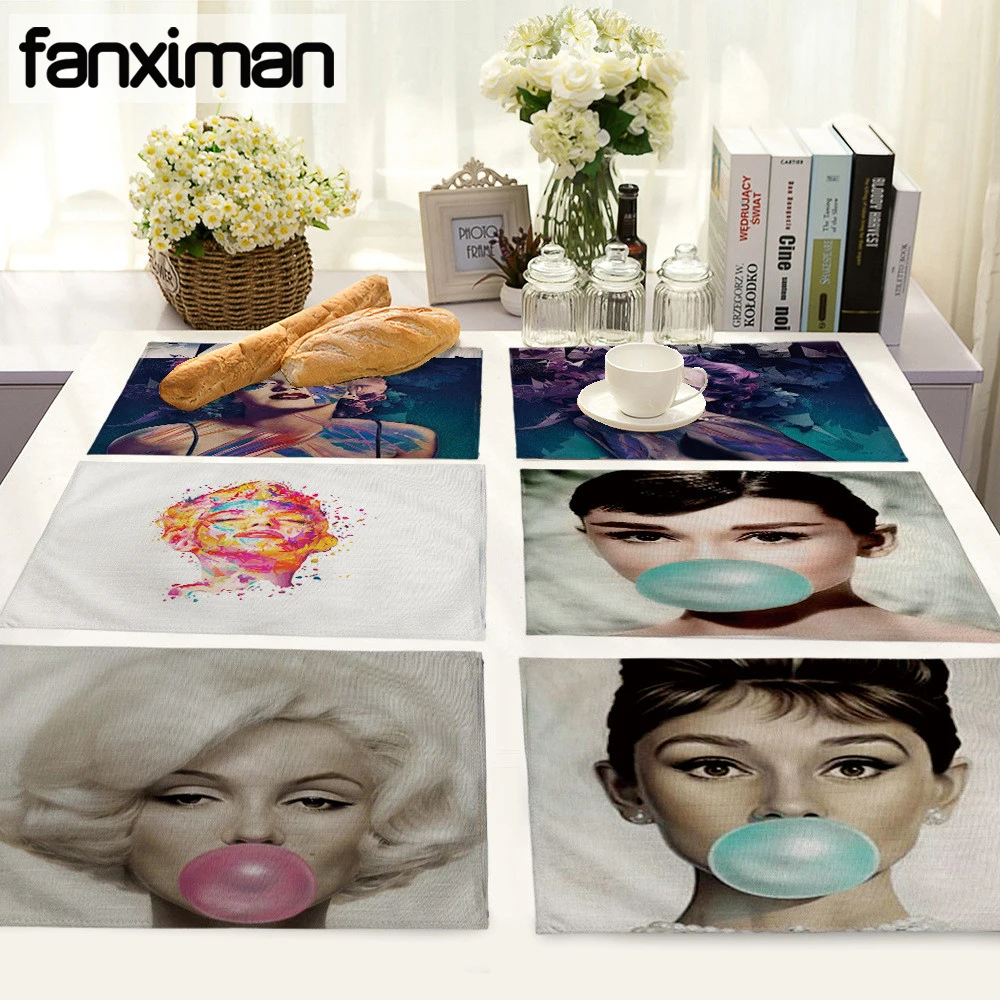Celebrity Printed Linen Placemat Marilyn Monroe Table Mat Creative Audrey Hepburn Kitchen Dinner Table Mats Cup Coasters 42x32