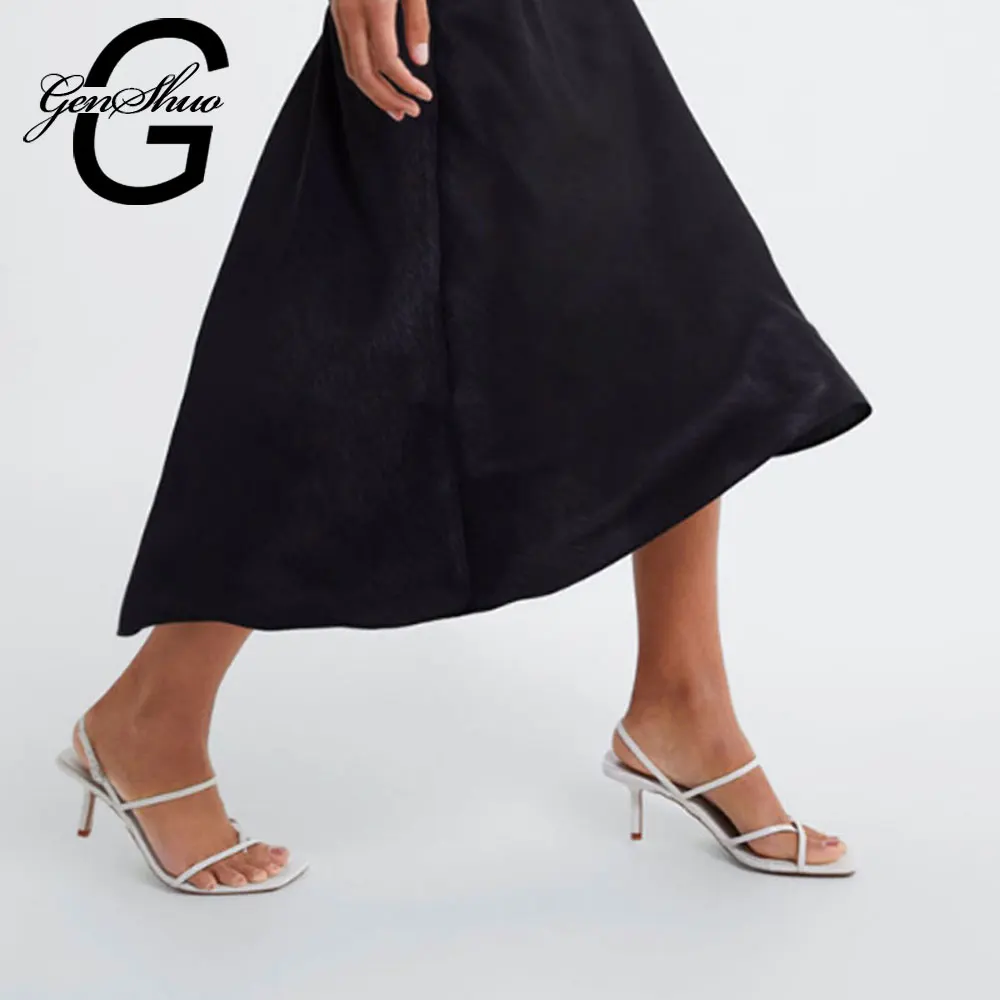 Goedkoop Genshuo Witte Hoge Hakken Sandalen Voor De Zomer Smalle Band Hoge Hak Vintage Vierkante Teen Hak Sandalen Beknopte Dames Shes Voor party