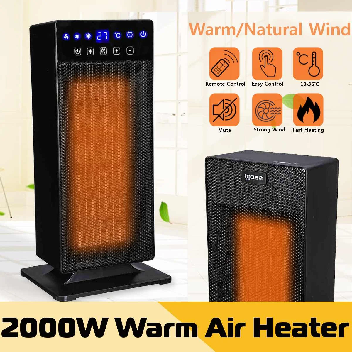 

Adjustable 2000W 220V Wireless Remote Household Slient Warm Air Heater Blower Warmer Fan for Dormitories Offices Home US Plug