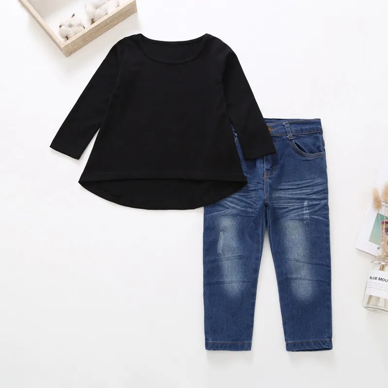 2PCS Outfit Children Suit Fashion Toddler Kids Clothing Set Baby Girls Solid Black Long T-shirt Tops + Jean Denim Pant 