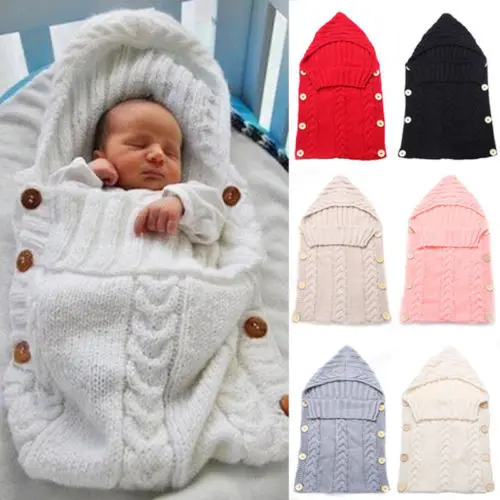Для новорожденных вязаный шерстяной крючком спальный мешок Кнопка пеленать обертывание пеленание одеяло с шапкой мягкие теплые аксессуары для новорожденных