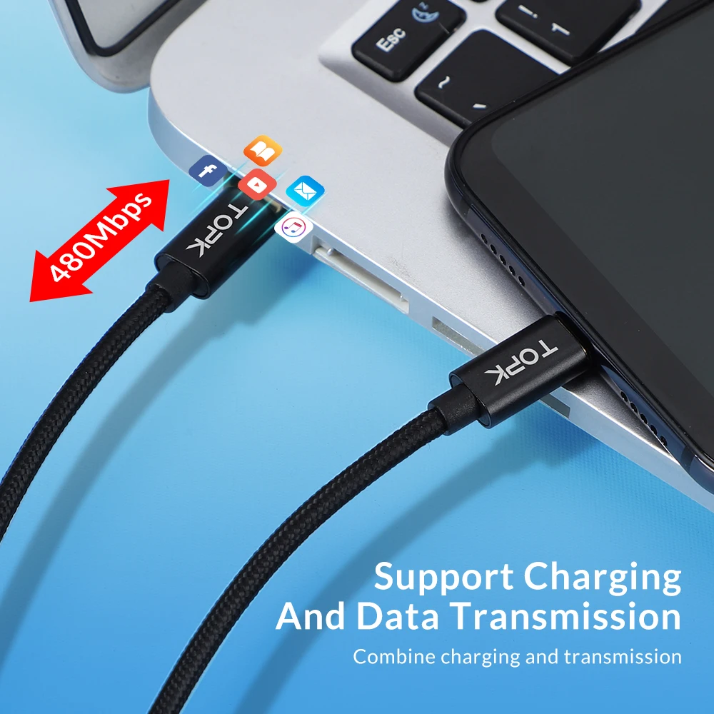 TOPK AN80 60 Вт 3A USB Type C к кабель для Samsung Galaxy S10 S9 Plus Note 9 Oneplus 6t PD QC3.0 быстрой
