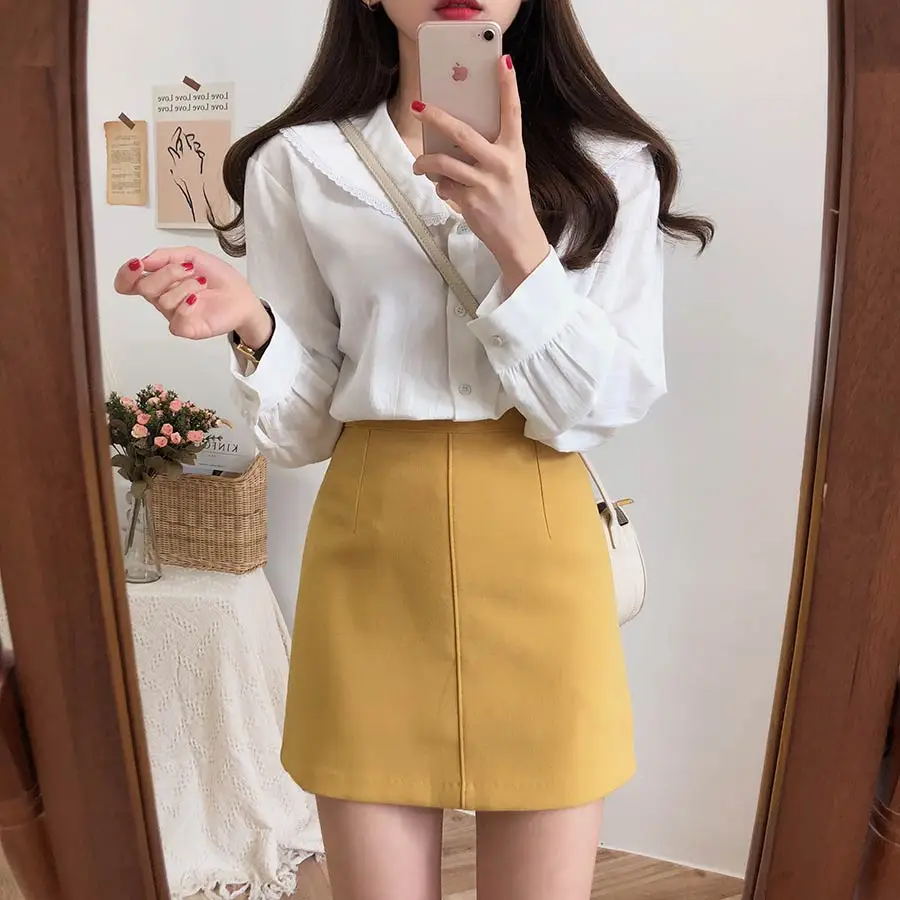  S-XL Spring white femme long Sleeve Patchwork cotton Women Shirts Casual Loose Women cute Blouses F