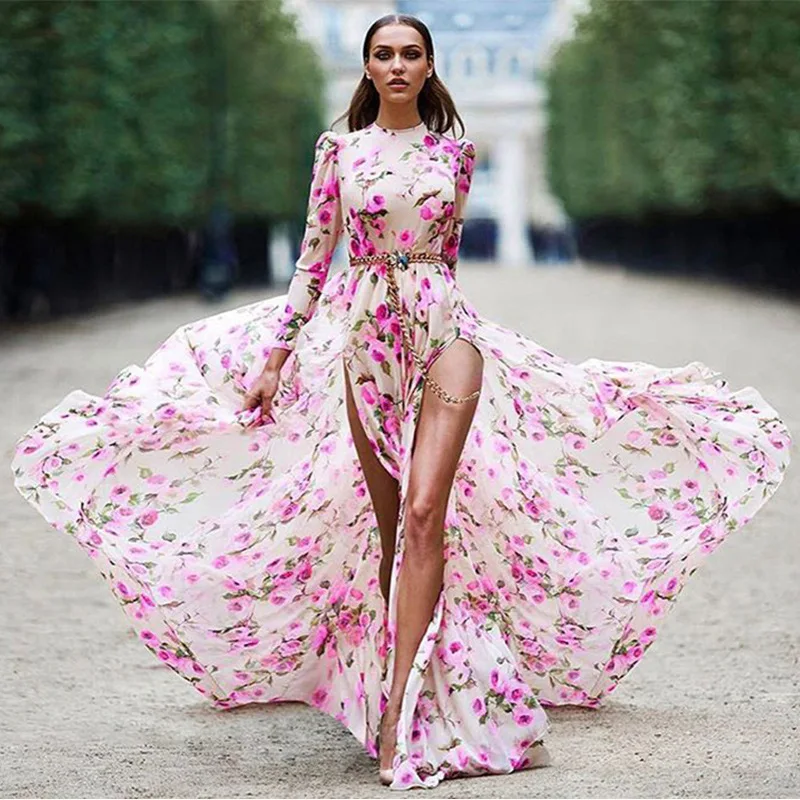 

Pink Boho Dress Floral Summer Beach Dress 2019 Women A Line High Split Long Dress Tunic Ladies Bohemian Style Dresses For Women