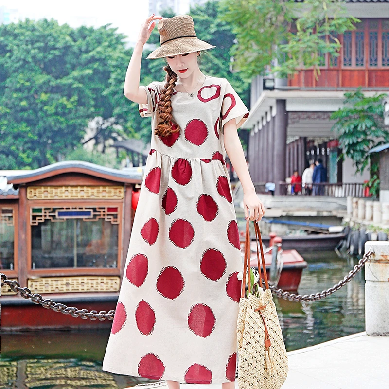 

2019 Ethnic Vintage Women Summer Cotton Linen Dot Print Maxi Robe Dress Vestidos Boho Beach Loose Large Plus Size A-line Dresses