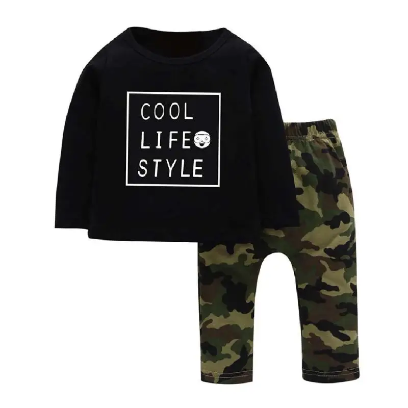 

2pcs/set Baby Boys Letter Print Long Sleeve Tops Camo Pants Kids Clothes