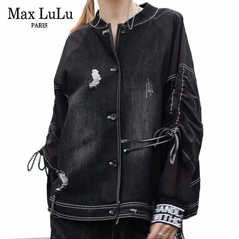 Женская джинсовая куртка Max LuLu черная Повседневная большого размера в стиле панк