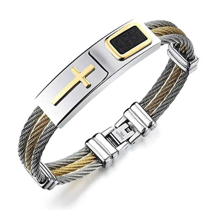 

Men Fashion Cool Titanium Stainless Steel Cross Faux Leather Bracelet Bangle Cuff