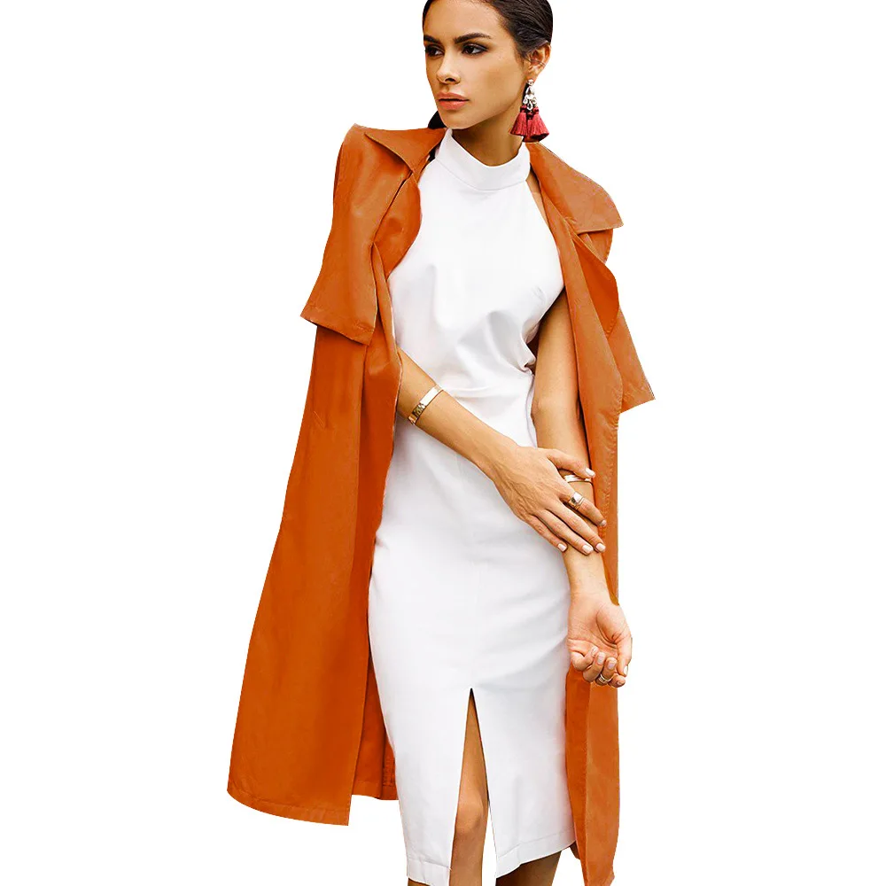 AZULINA Casual Long Pockets Vest Jacket Coat For Women Slim Sleeveless Khaki Female Overcoat