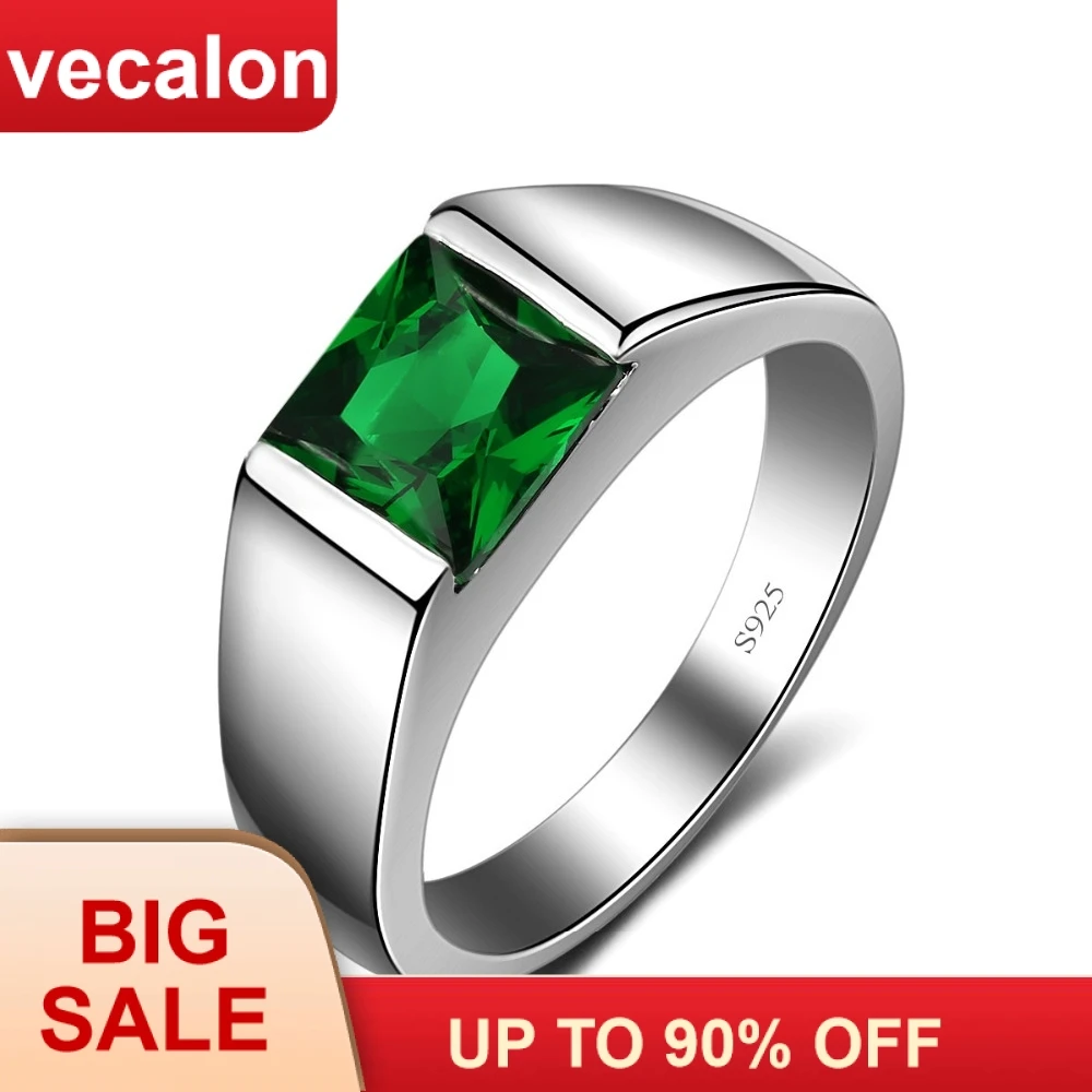 

Vecalon Fine Green Birthstone Men rings Princess cut 3ct 5A Zircon Cz 925 sterling silver Engagement wedding Band ring for men