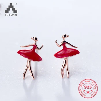

925 Sterling Silver Korean Red Skirt Ballet Girl Earrings Temperament Cute Little Girl Stud Earring Jewelry