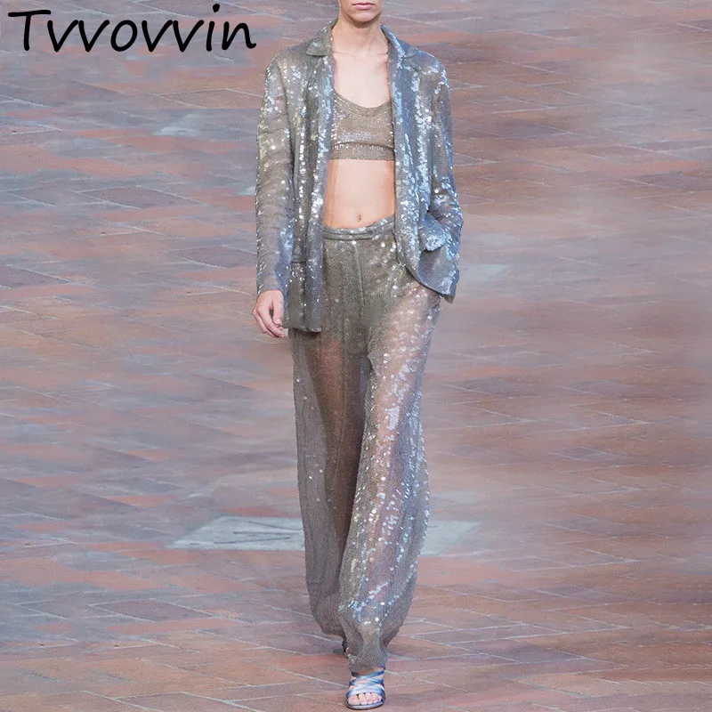 

TVVOVVIN Sequins Women's Suits Long Sleeve Blazer Coat Tops Female High Waist Wide Leg Pants Two Piece Set 2019 Summer New L235
