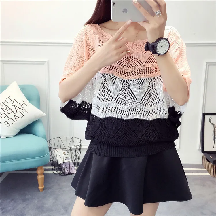 2019 New Women Fashion Short Sleeve Striped Pullovers Sweaters Summer Casual Hollow Out Loose Thin Sweater | Женская одежда